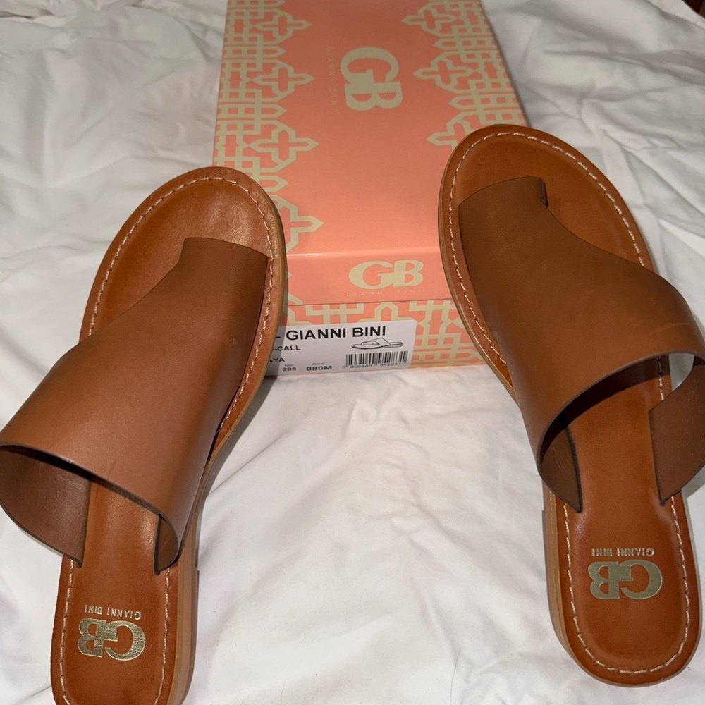 Gianni Bini Kaya Leather Toe Loop Slide Sandals - Cognac Brown - Size 8M